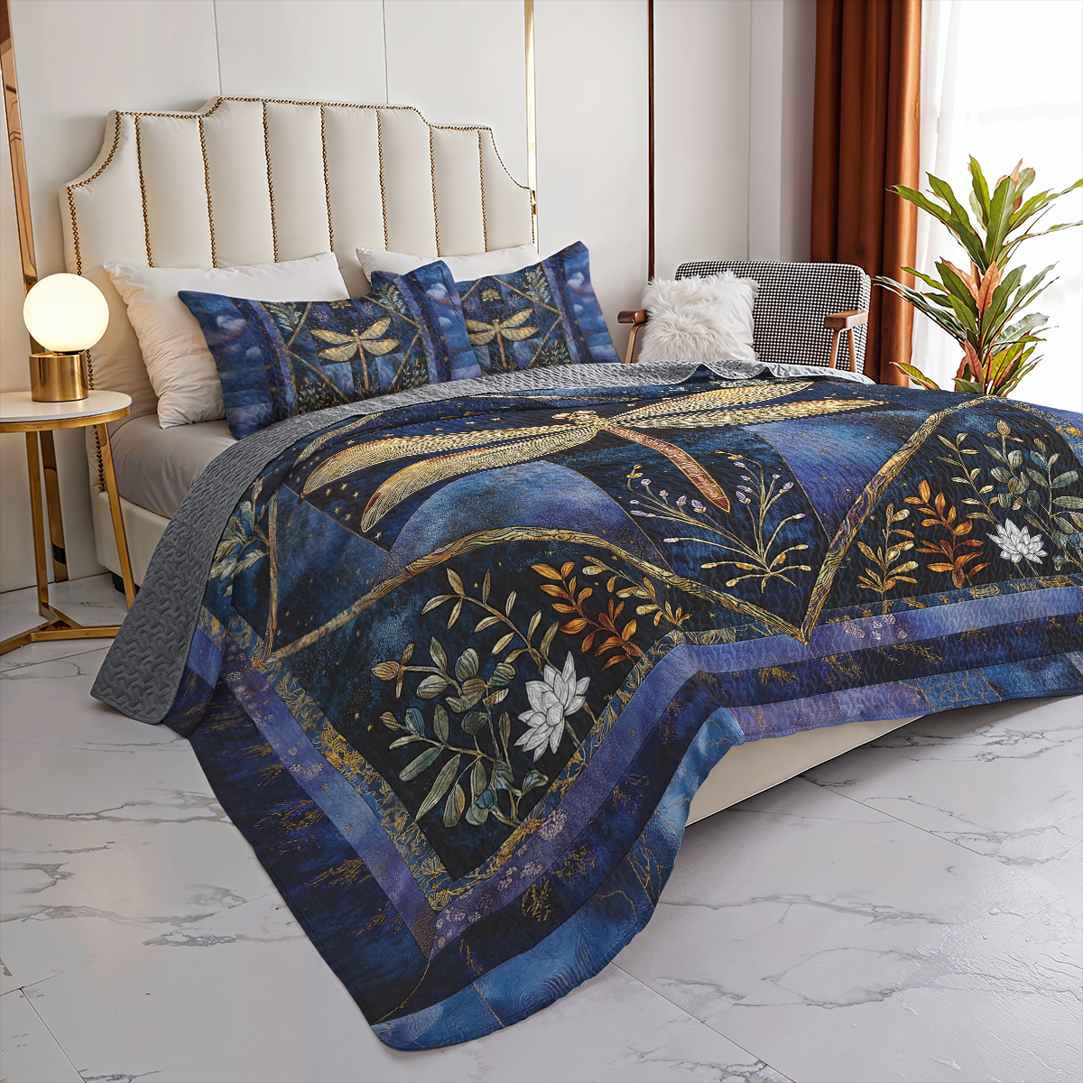 Shineful All Season Quilt 3-Piece Set Golden Dragonfly Transformation