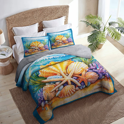 Shineful All Season Quilt 3-Piece Set Seashells On The Beach
