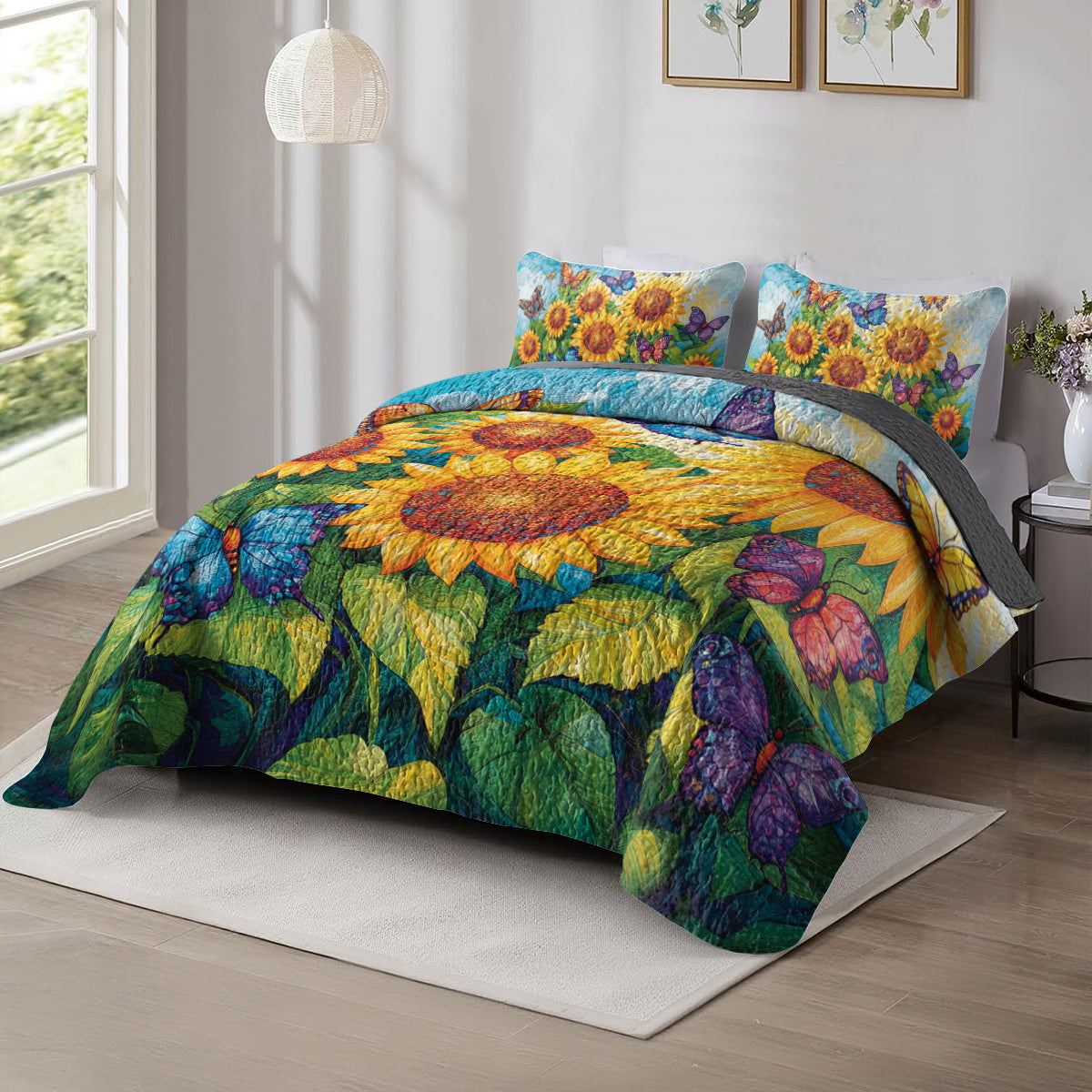 Shineful All Season Quilt 3-Piece Set Sunflower & Butterfly Garden