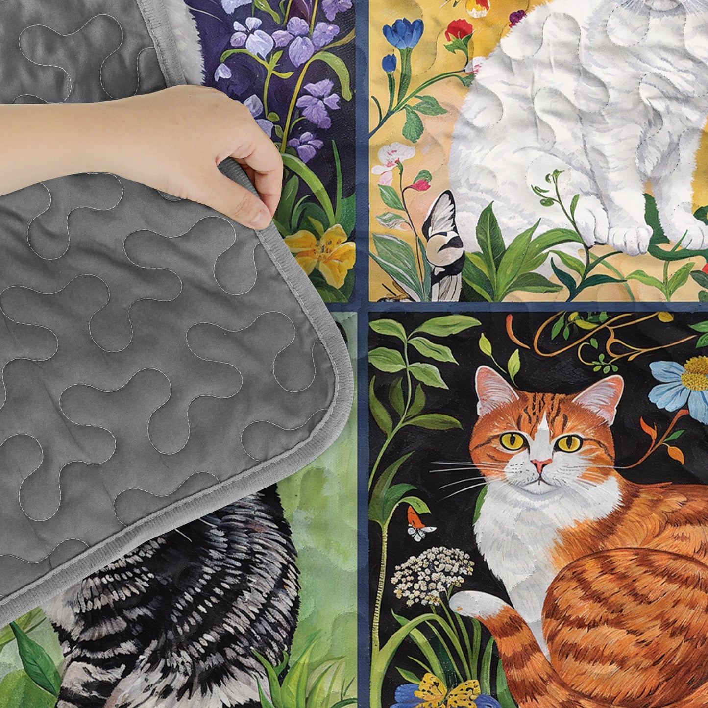 Shineful Quilt 3-Piece Set Cat Floral Felines