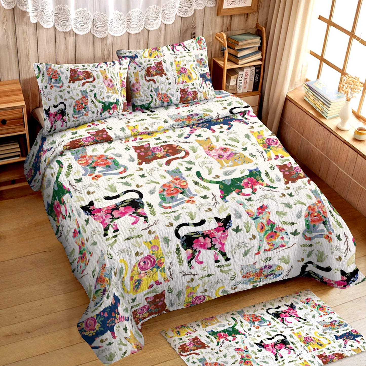 Shineful All Season Quilt 3-Piece Set Flower Cat