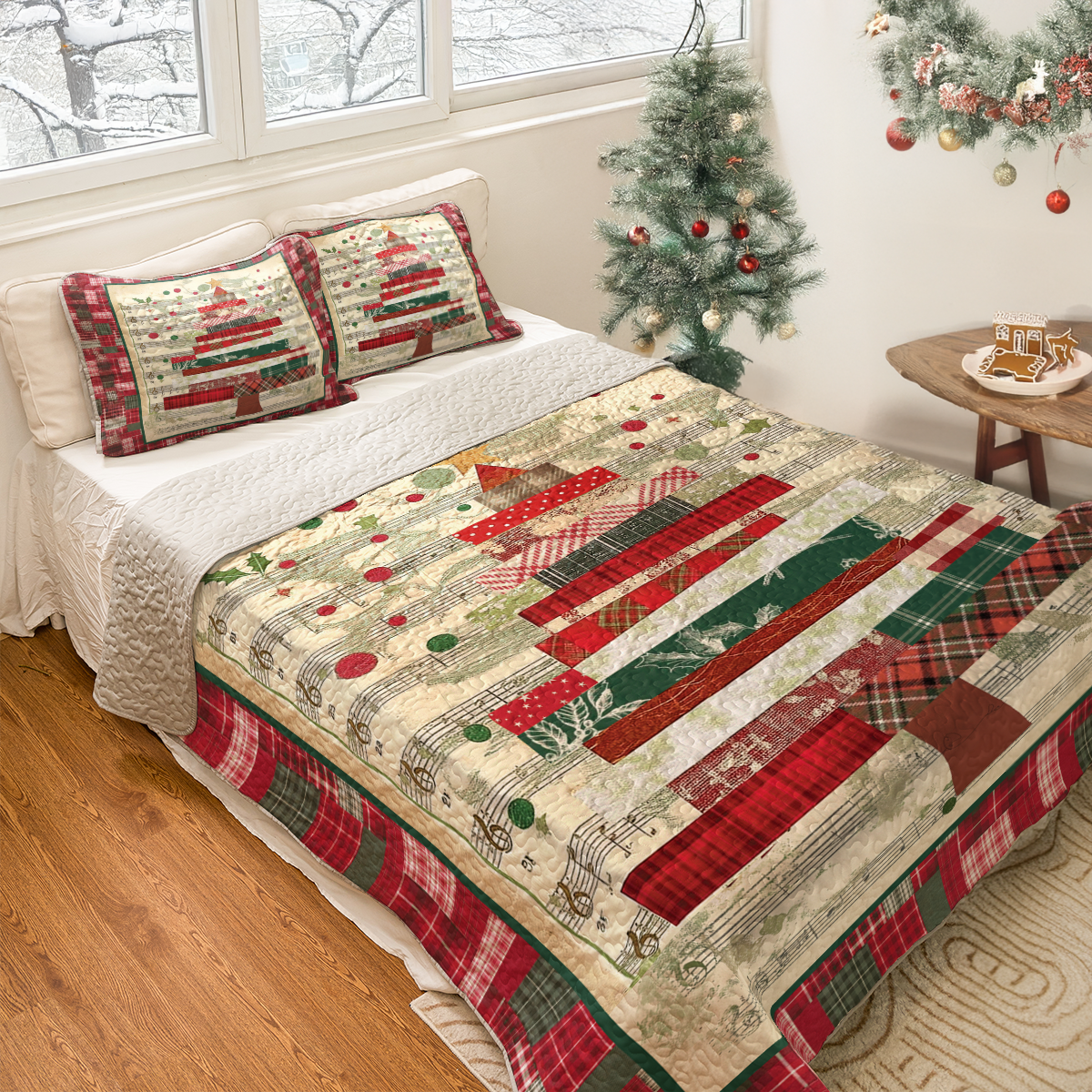 Shineful All Season Quilt 3-Piece Set Plaid Christmas Music Tree