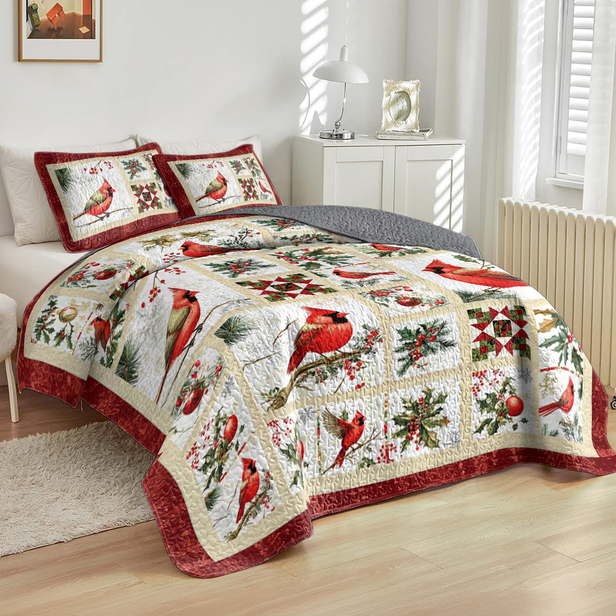 Shineful All Season Quilt 3-Piece Set Cardinal Winter Christmas