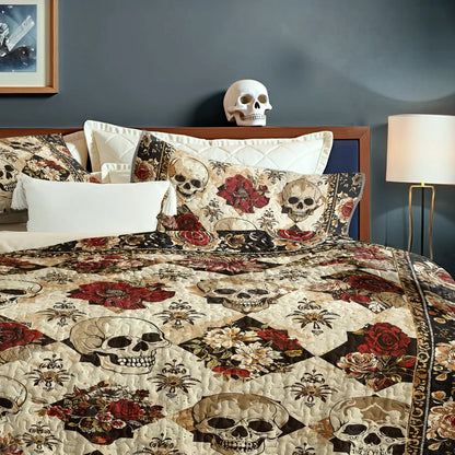 Shineful Quilt 3-Piece Set Elegent Skull Roses