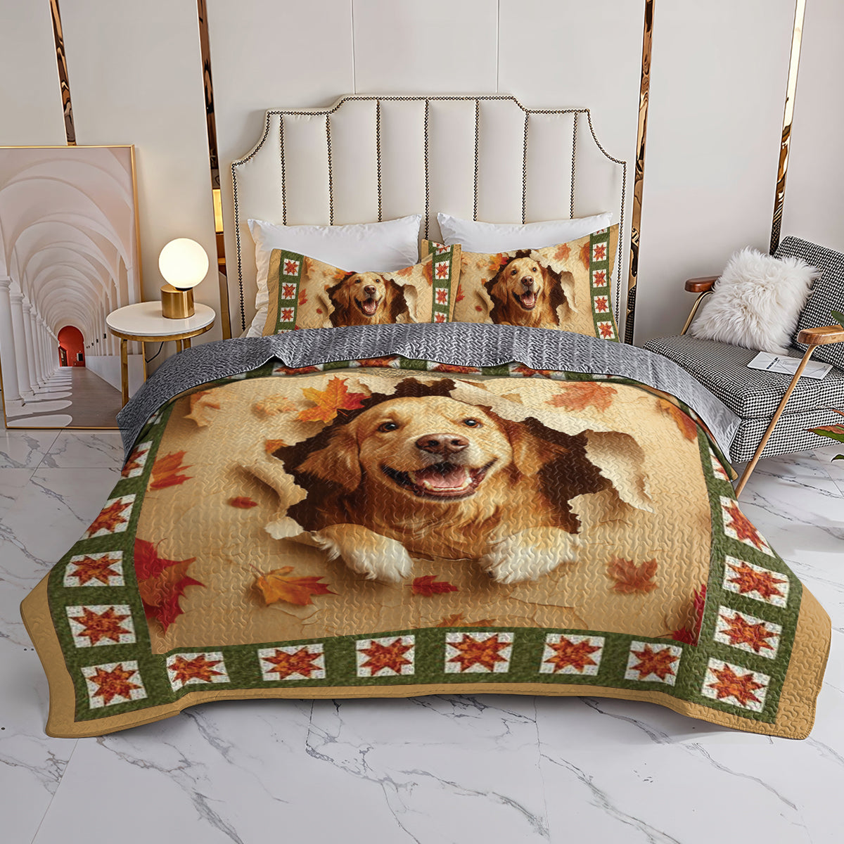 Shineful All Season Quilt 3-Piece Set Golden Retriever Joy