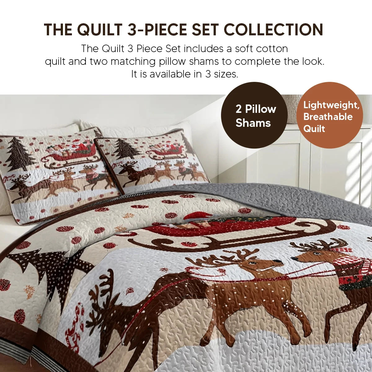 Shineful Quilt 3-Piece Set Cozy Santa Claus With Reindeer Pulling His Sleigh Full Of Gifts