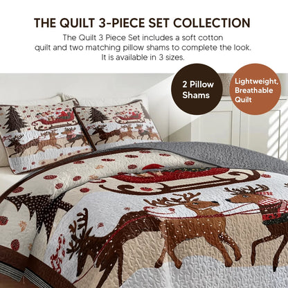 Shineful Quilt 3-Piece Set Cozy Santa Claus With Reindeer Pulling His Sleigh Full Of Gifts
