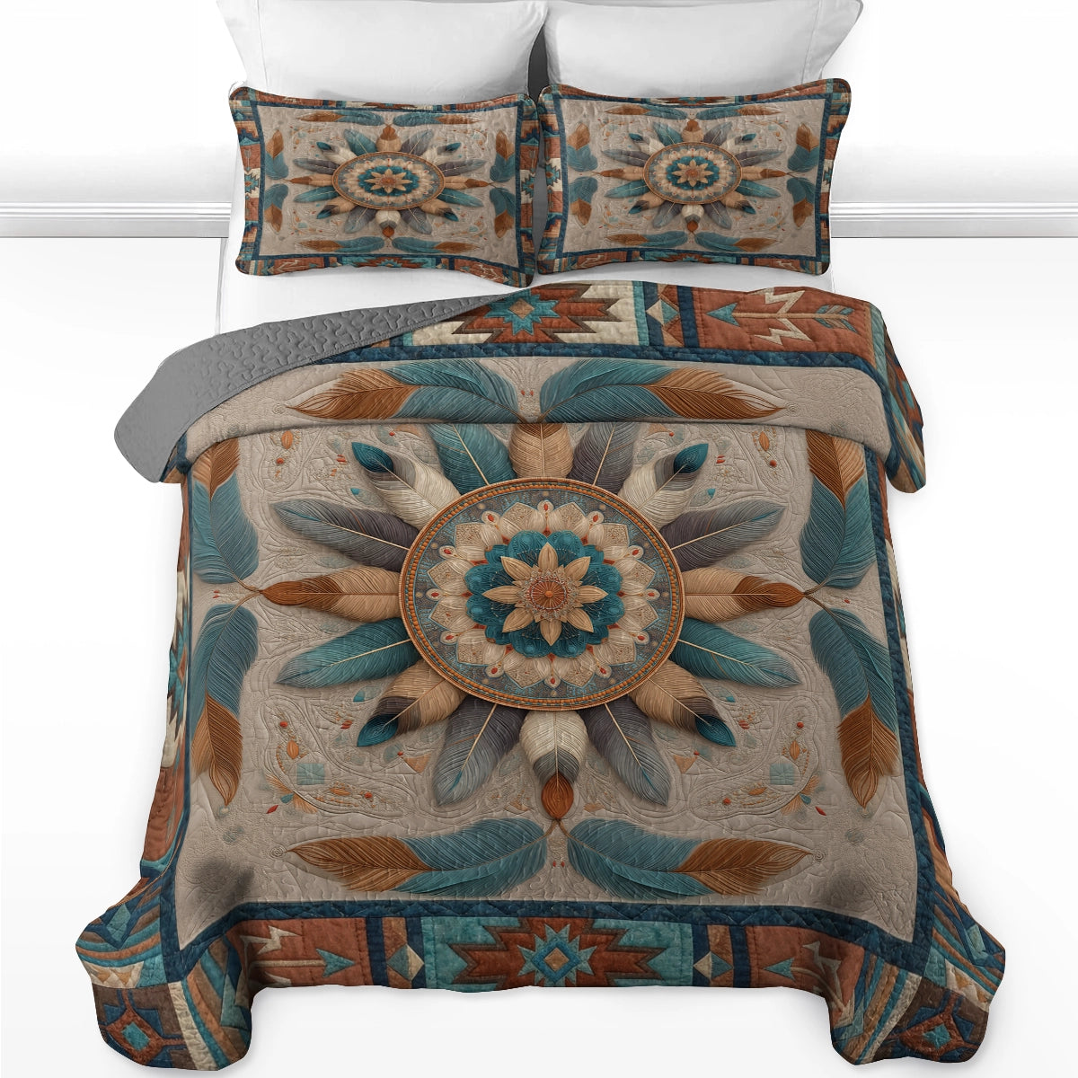 Shineful All Season Quilt 3-Piece Set Feather Mandala