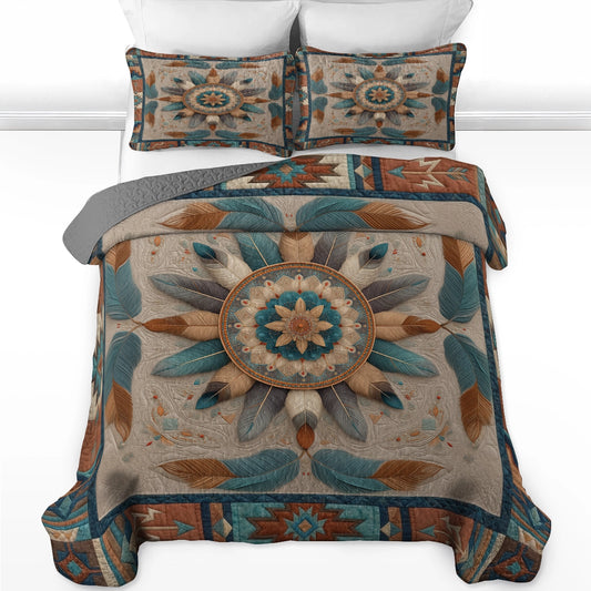 Shineful All Season Quilt 3-Piece Set Feather Mandala