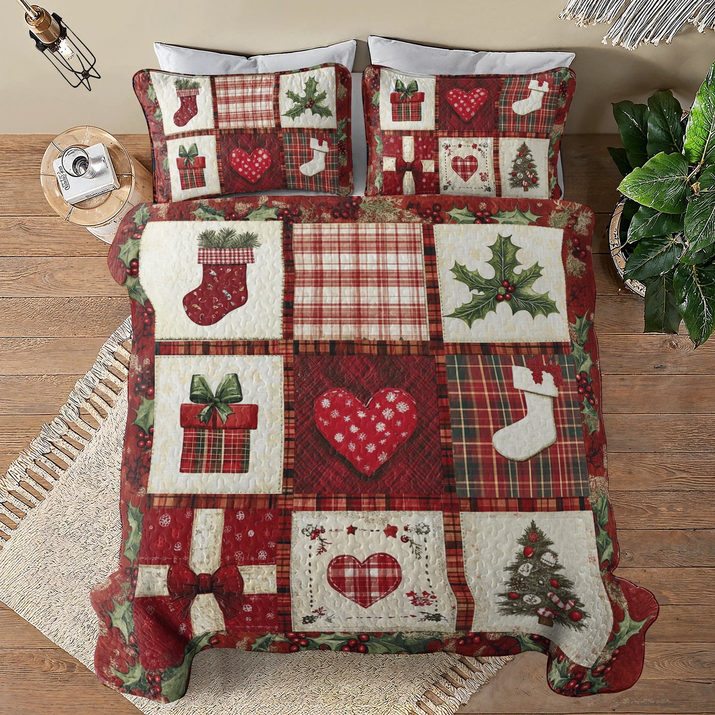 Shineful All Season Quilt 3-Piece Set Festive Heart Patchwork