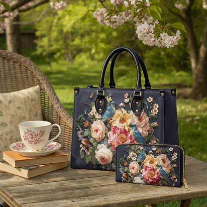 Shineful Leather Clutch Purse With Wristlet Strap Handle Midnight Bluebird Garden