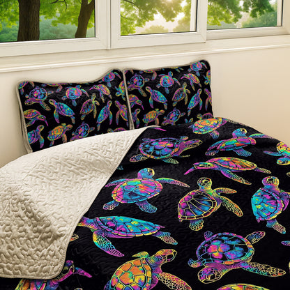 Shineful All Season Quilt 3-Piece Set Underwater Neon Sea Turtle