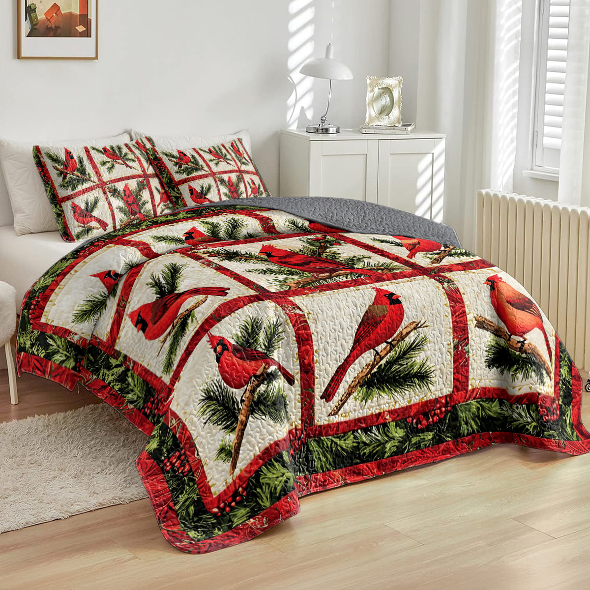 Shineful All Season Quilt 3-Piece Set Christmas Cardinal Blocks