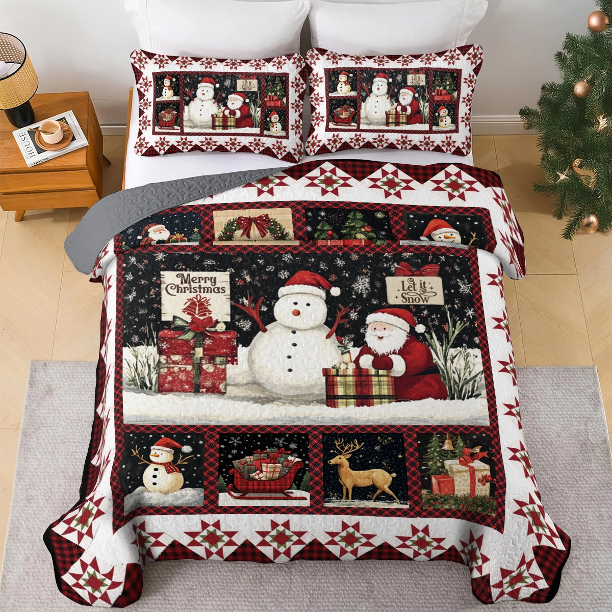 Shineful All Season Quilt 3-Piece Set Merry Christmas Patchwork