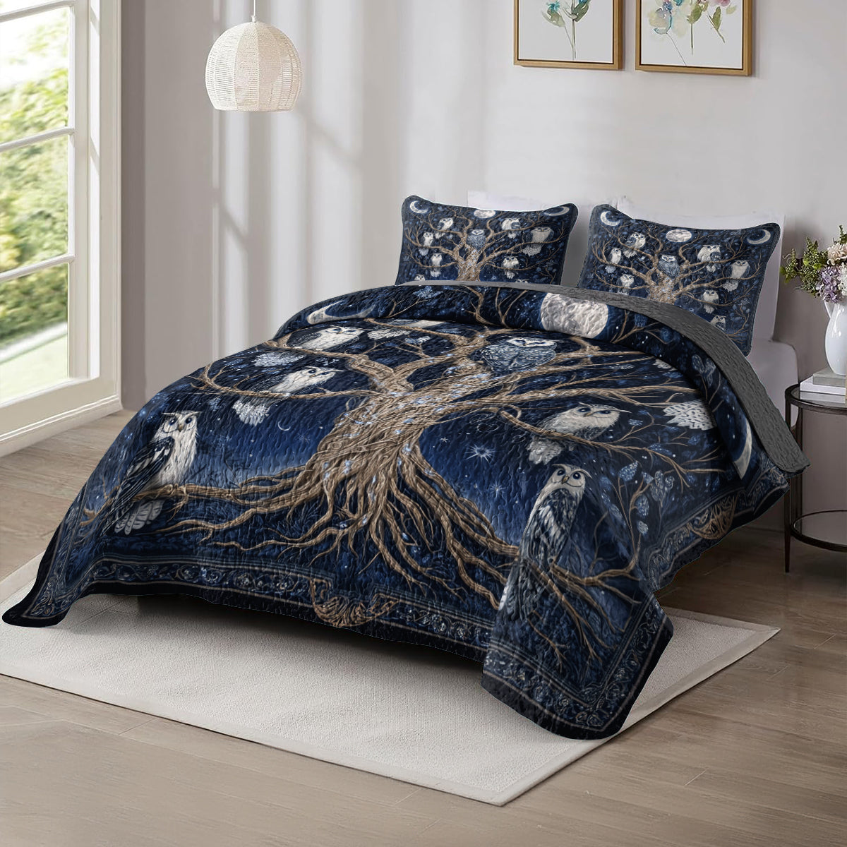 Shineful All Season Quilt 3-Piece Set Midnight Owl Tree Of Life