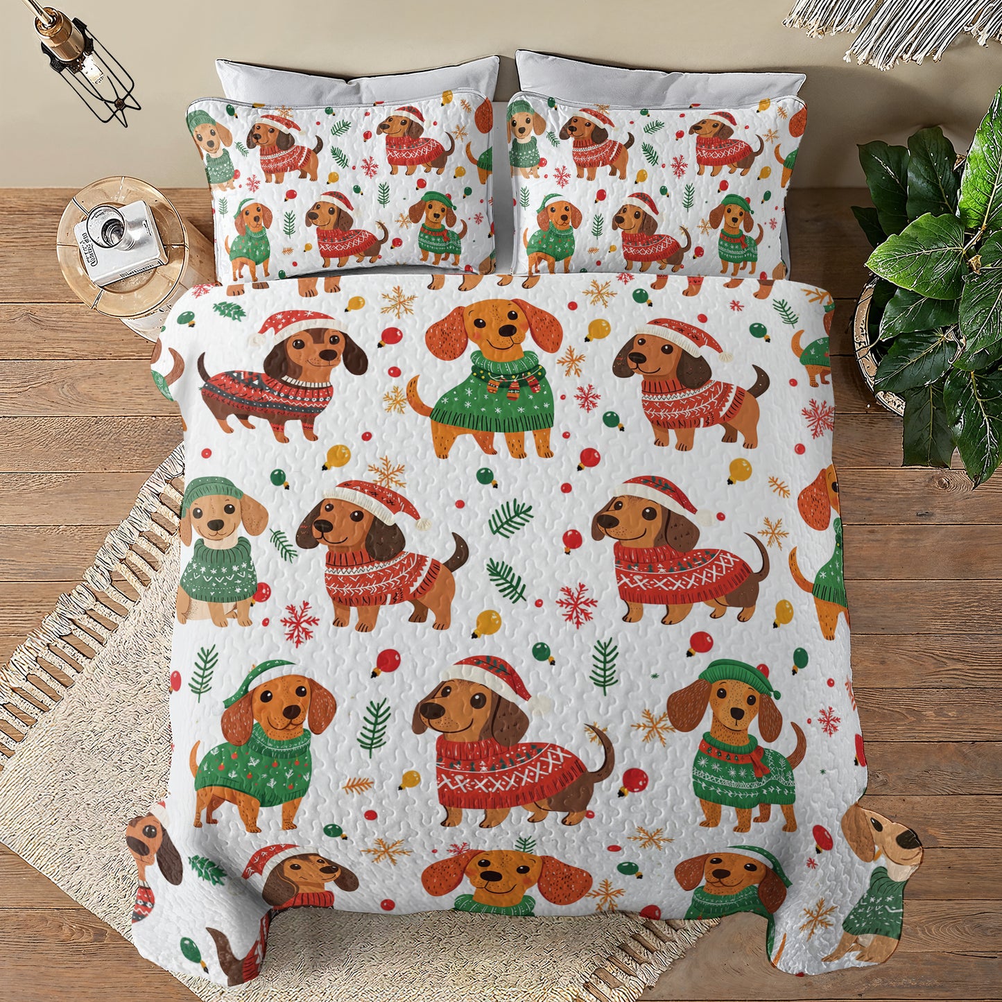 Shineful All Season Quilt 3-Piece Set Christmas Dachshund Pattern