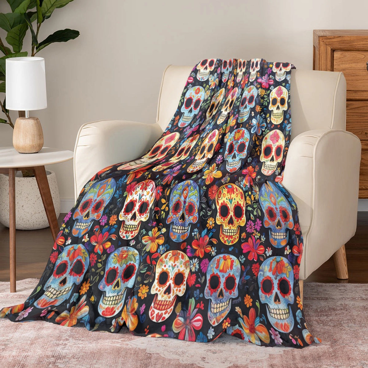 Shineful Fleece Blanket Colorful Skulls & Blooms