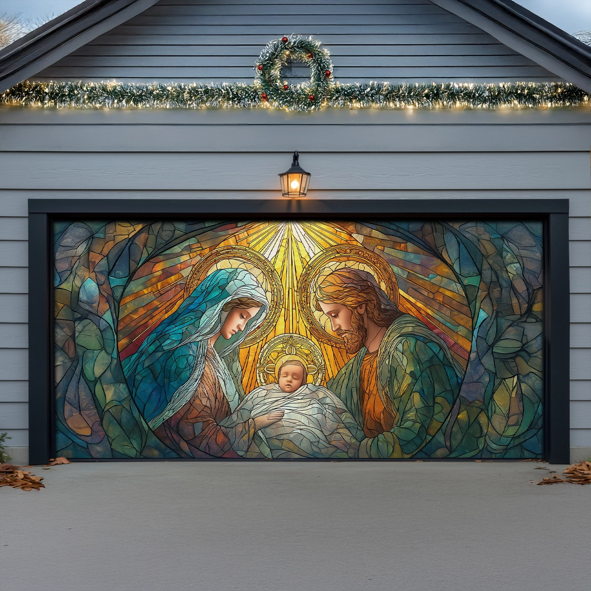 Shineful Garage Door Banner Decoration Holy Nativity Stained Glass