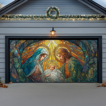 Shineful Garage Door Banner Decoration Holy Nativity Stained Glass