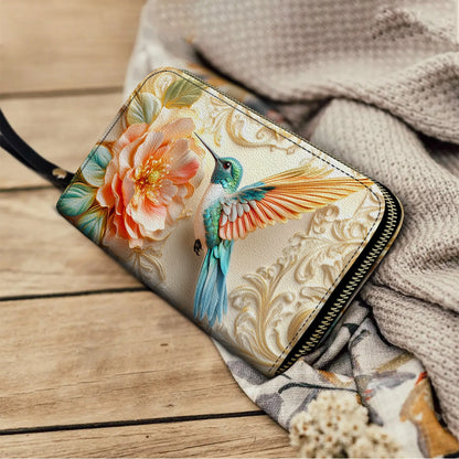 Shineful Leather Clutch Purse With Wristlet Strap Handle Golden Bloom Hummingbird