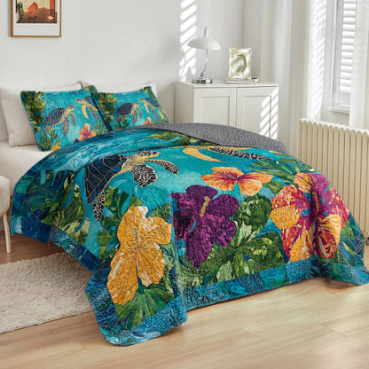 Shineful All Season Quilt 3-Piece Set - Sea Turtle & Tropical Flower