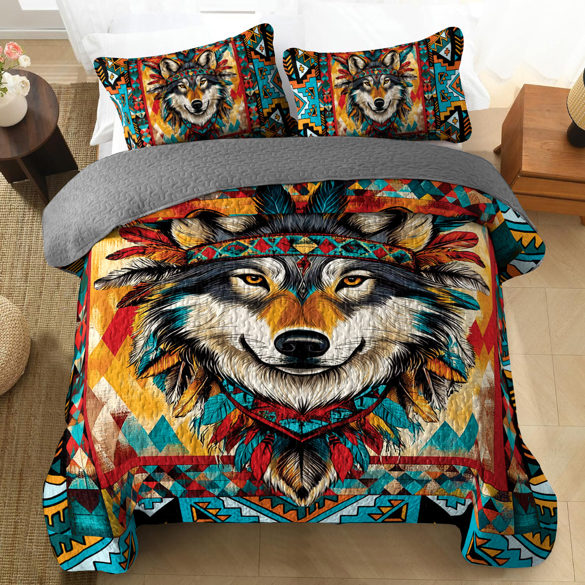 Shineful All Season Quilt 3-Piece Set - Tribal Wolf Majesty