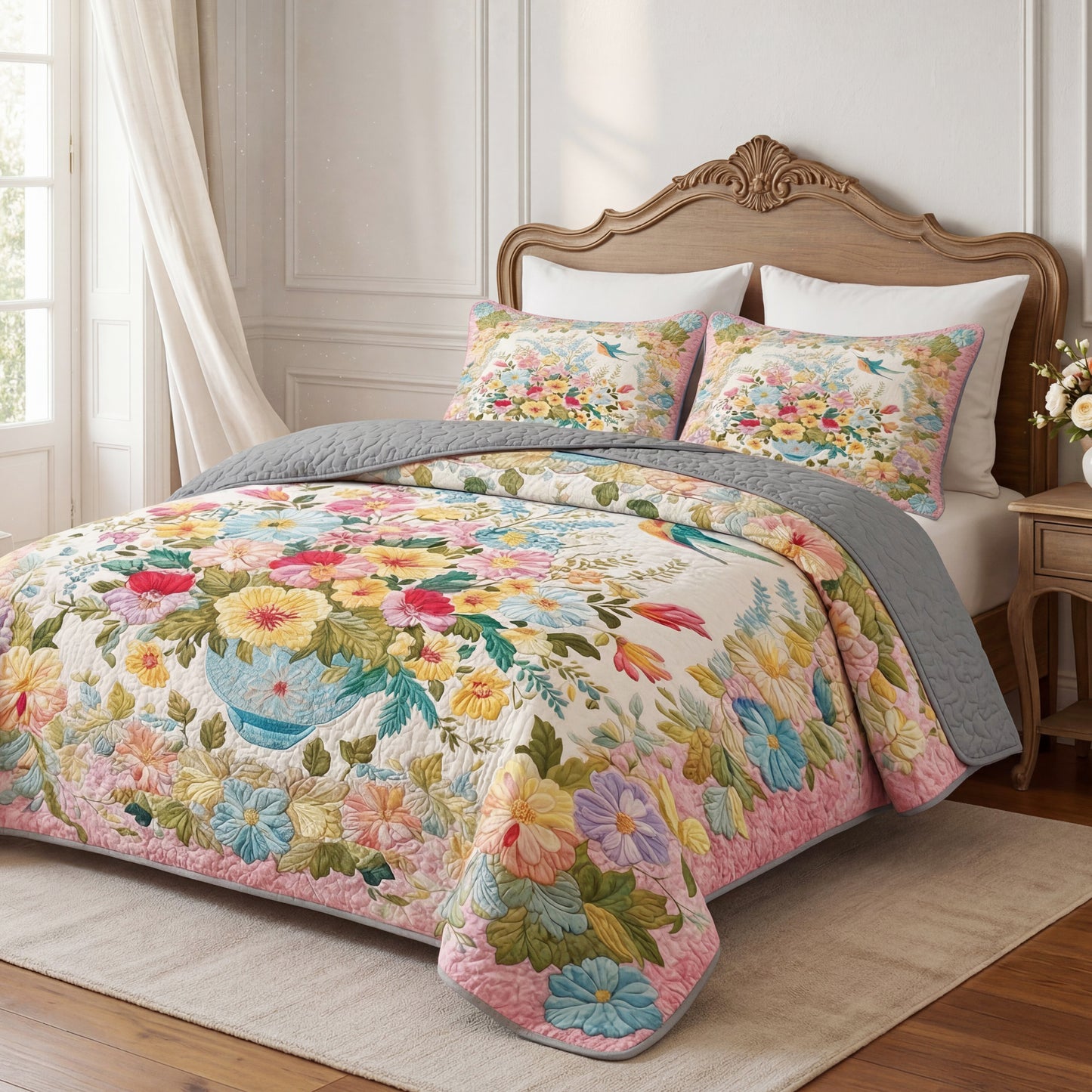 Shineful All Season Quilt 3-Piece Set Romantic Blossom Hummingbird