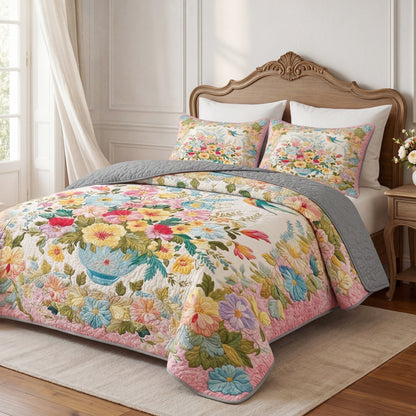 Shineful All Season Quilt 3-Piece Set Romantic Blossom Hummingbird