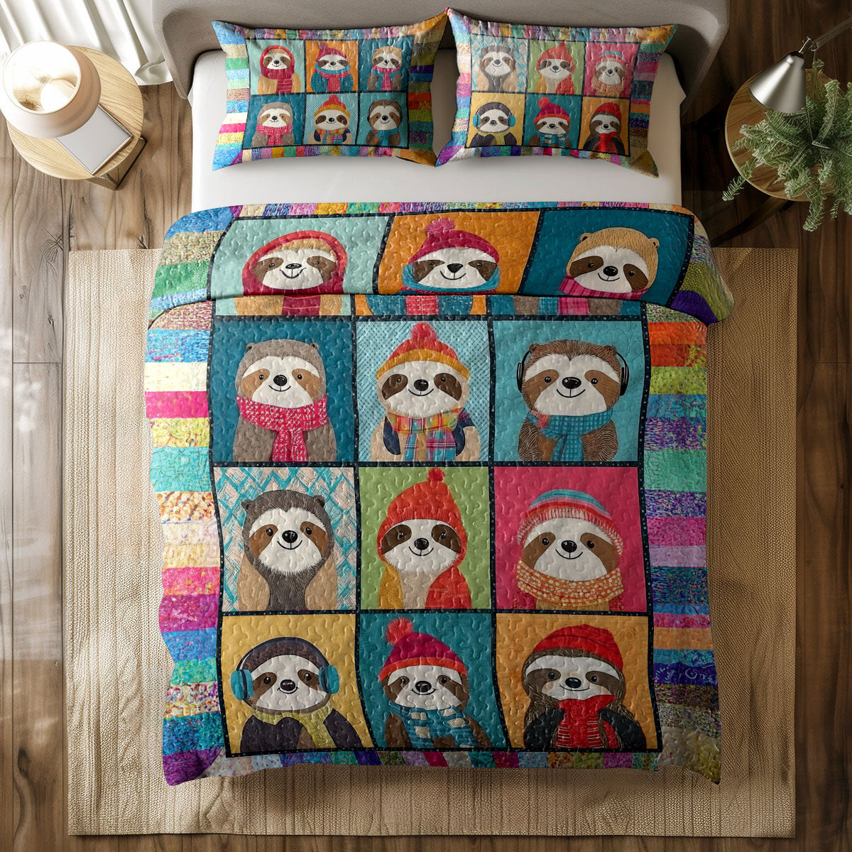 Shineful All Season Quilt 3-Piece Set Colorful Sloth Patchwork