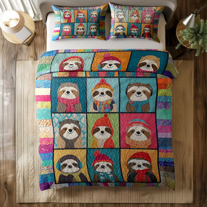 Shineful All Season Quilt 3-Piece Set Colorful Sloth Patchwork
