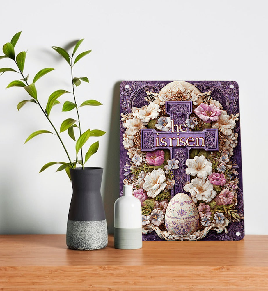 Shineful 2D Metal Sign Ornate Royal Cross “He Is Risen”