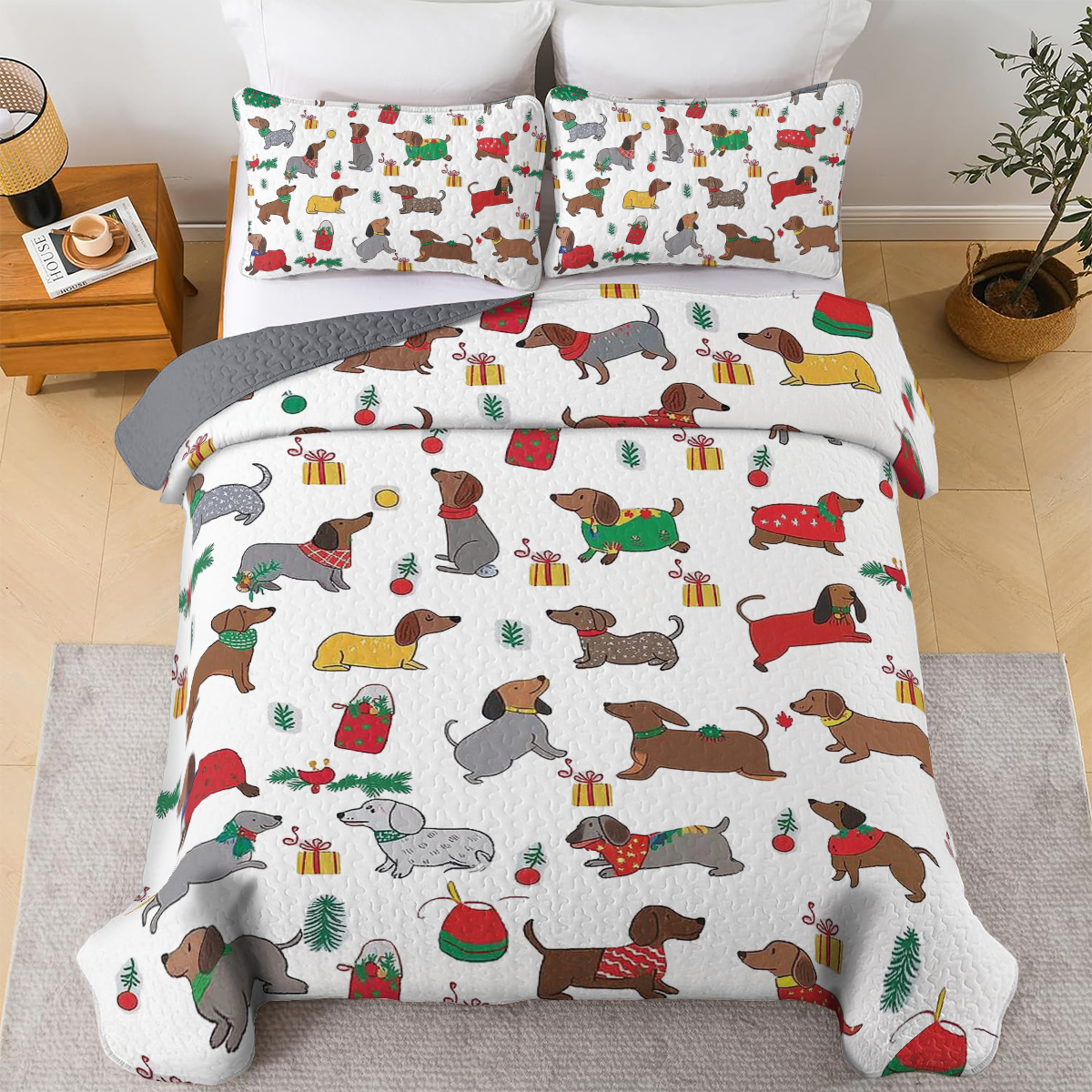 Shineful All Season Quilt 3-Piece Set - Christmas Dachshund Cheer