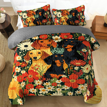 Shineful All Season Quilt 3-Piece Set Happy Floral Dachshund
