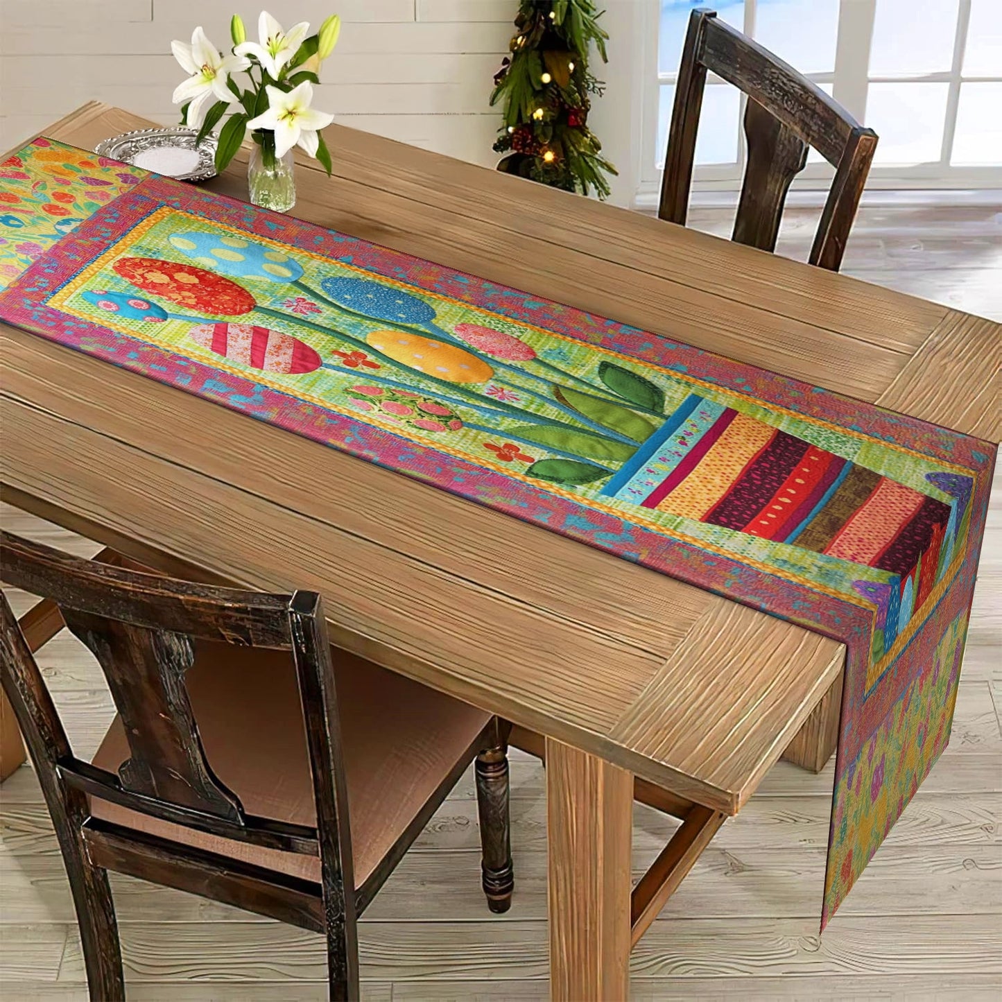 Shineful 2D Flat Print Quilted Table Runner Easter Eggs Blooming