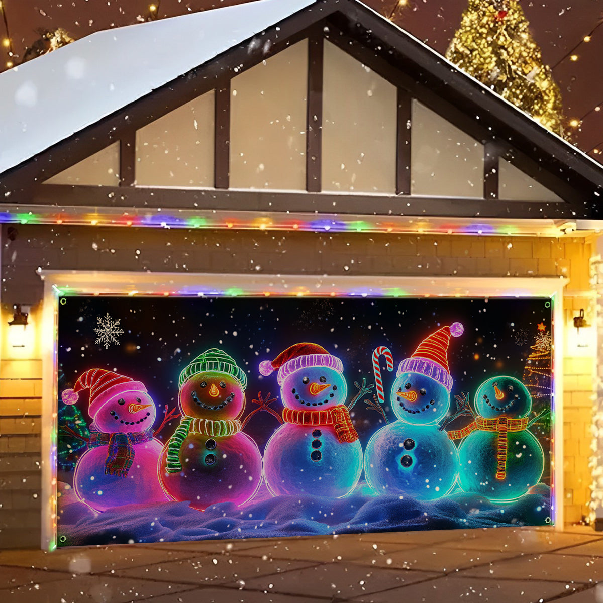 Shineful Garage Door Banner Decoration - Neon Snowman Family 3D