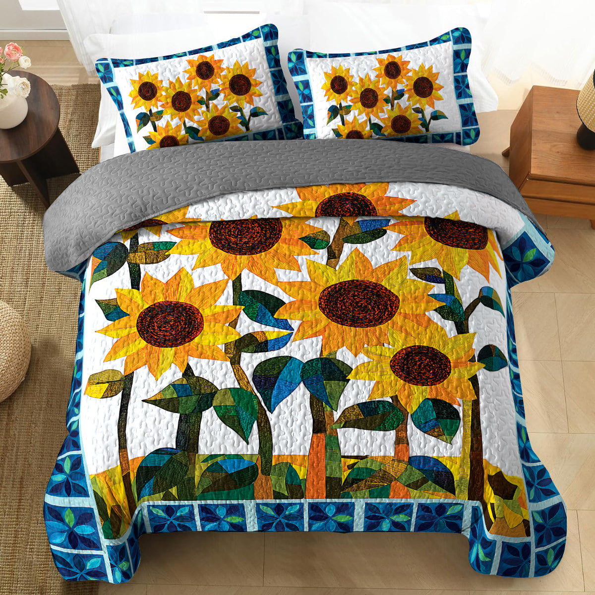 Shineful All Season Quilt 3-Piece Set - Beautiful Sunflower Garden