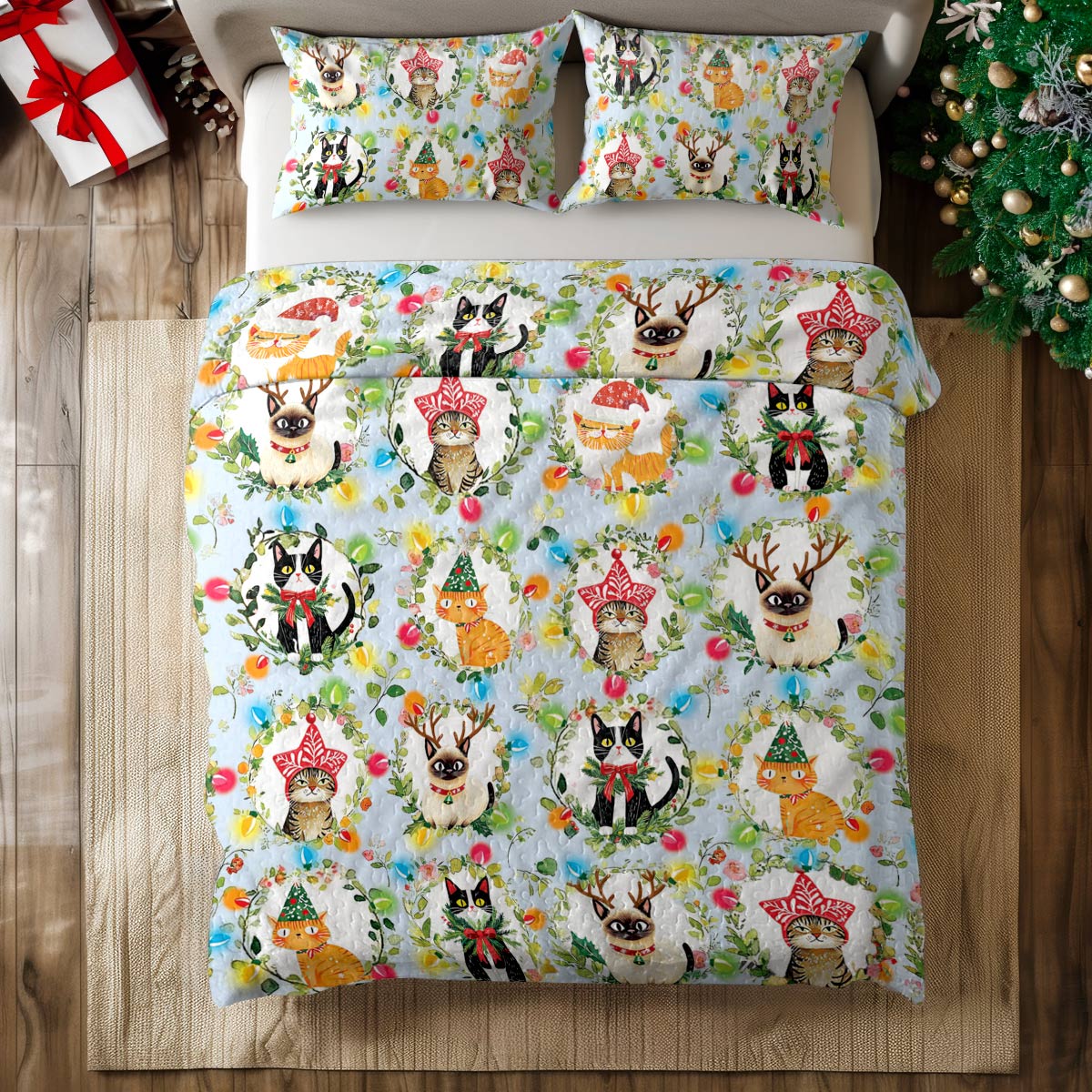 Shineful All Season Quilt 3-Piece Set Cat Christmas Collection