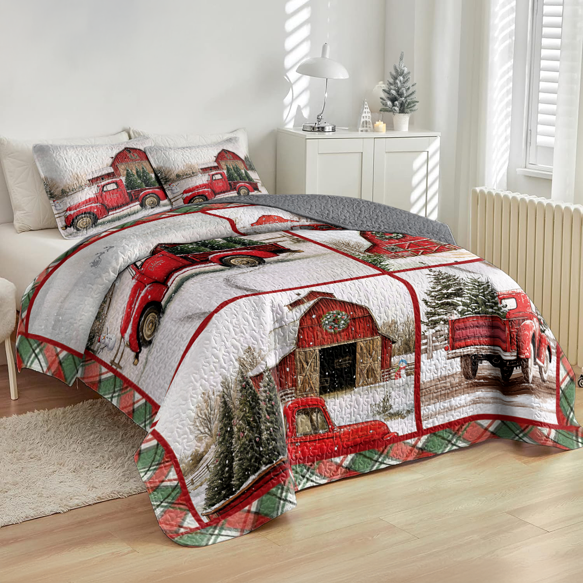 Shineful All Season Quilt 3-Piece Set Vintage Red Truck Christmas