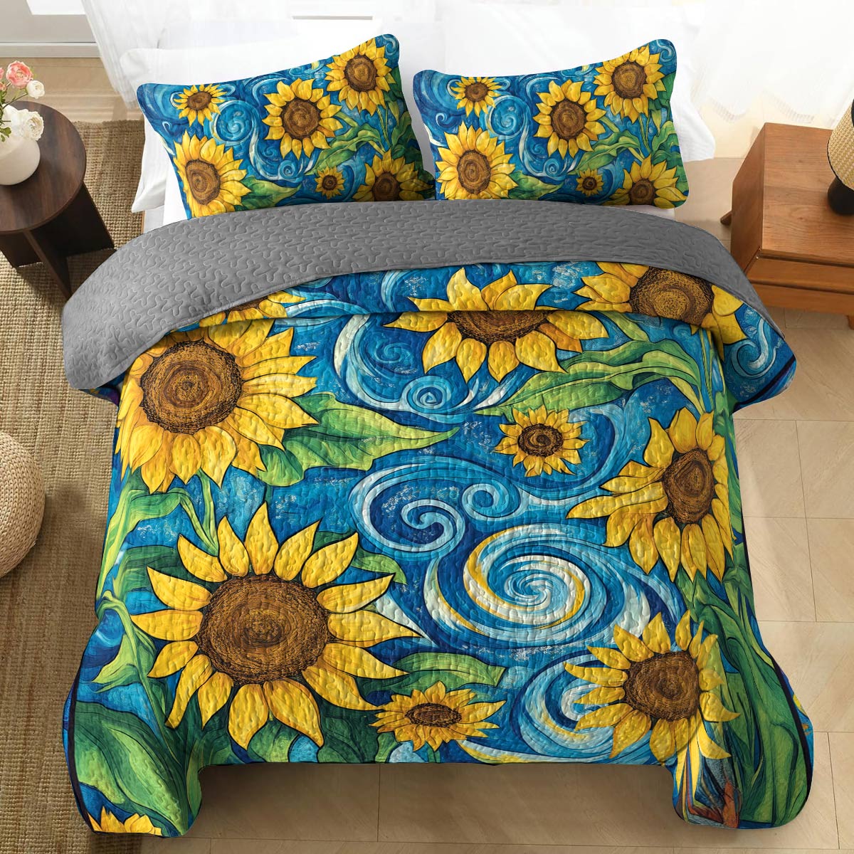 Shineful All Season Quilt 3-Piece Set - Sunflower Whirlwind Of Sunshine