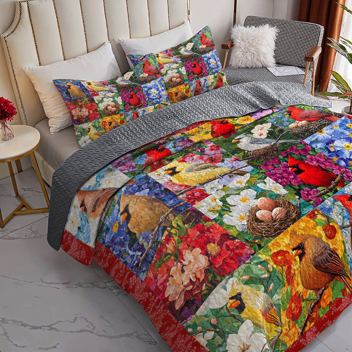 Shineful All Season Quilt 3-Piece Set Gorgeous Cardinals Flowers