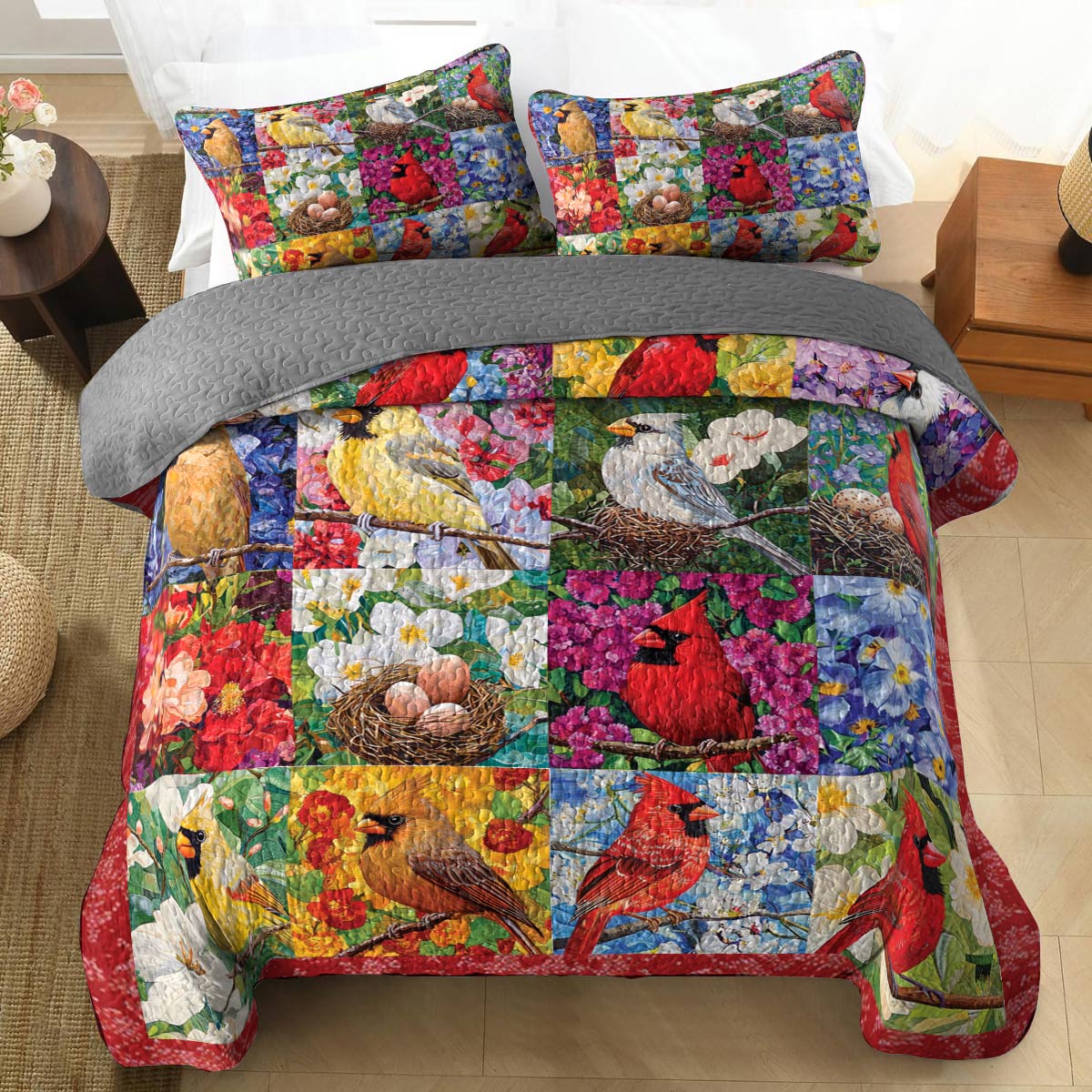 Shineful All Season Quilt 3-Piece Set Gorgeous Cardinals Flowers