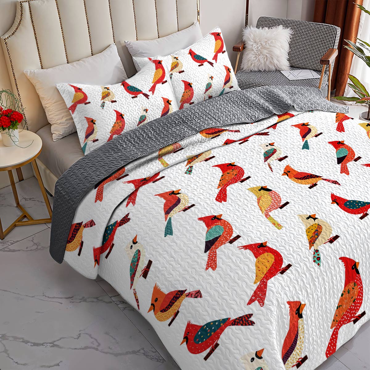 Shineful All Season Quilt 3-Piece Set Elegant Cardinal Love