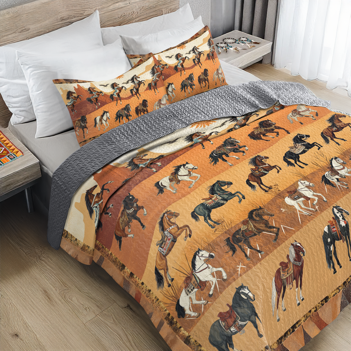Shineful All Season Quilt 3-Piece Set Native America Leaping Stallion