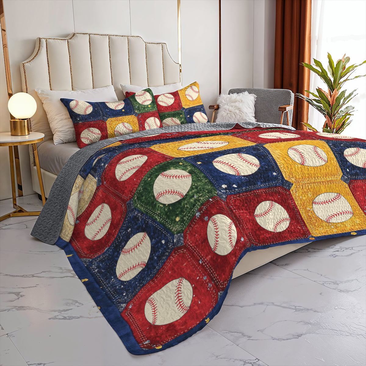 Shineful All Season Quilt 3-Piece Set Vintage Baseball Patchwork