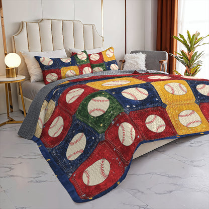 Shineful All Season Quilt 3-Piece Set Vintage Baseball Patchwork