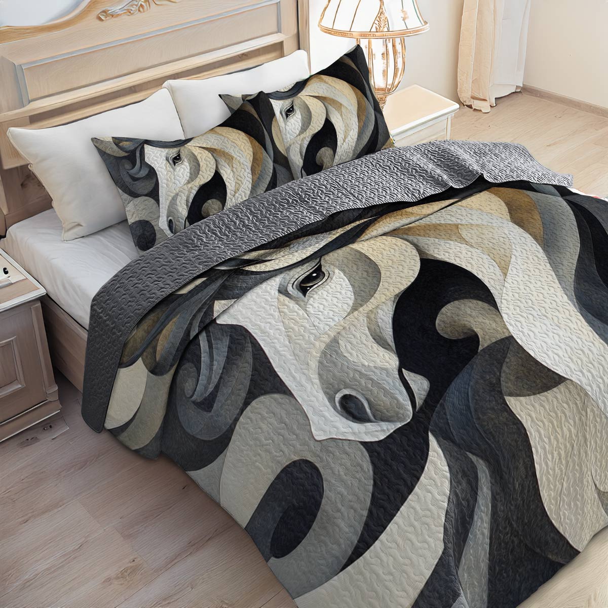 Shineful All Season Quilt 3-Piece Set Black and White Horse Cowboy