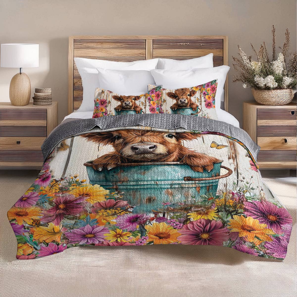 Shineful All Season Quilt 3-Piece Set Floral Cow