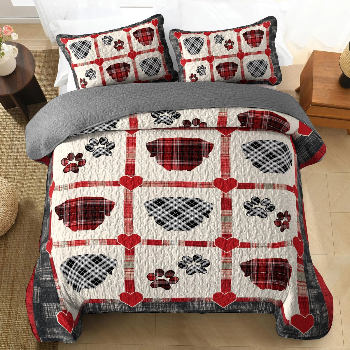 Shineful All Season Quilt 3-Piece Set Rottweiler Plaid Paw Love