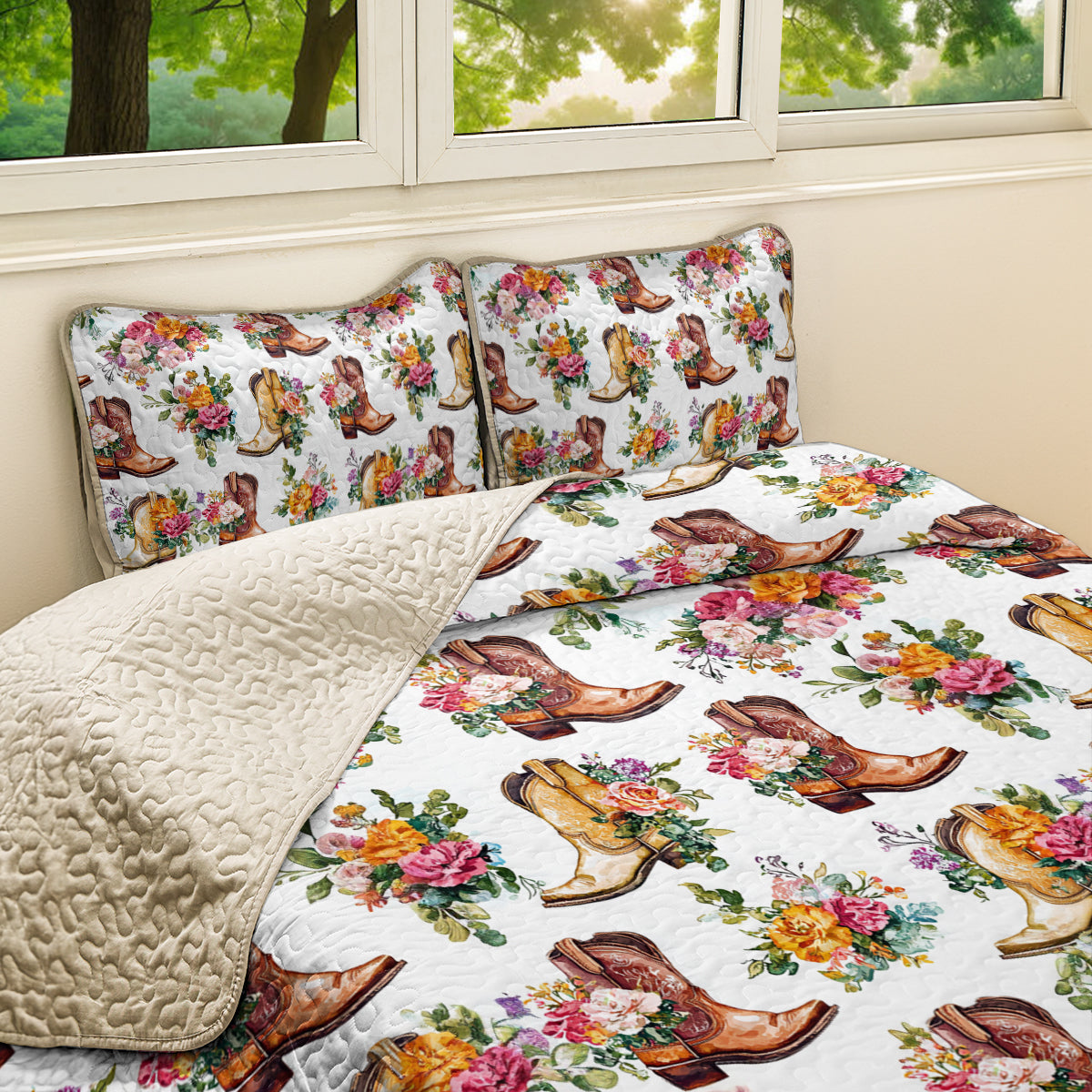 Shineful All Season Quilt 3-Piece Set Blooming Wildflower Cowboy Boots