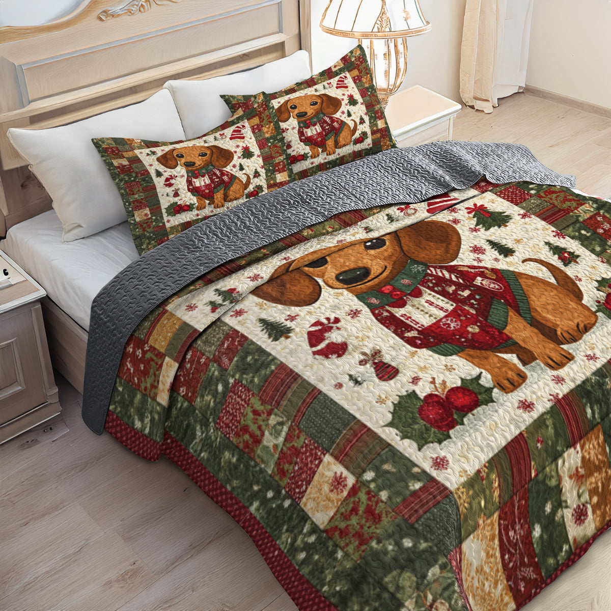Shineful All Season Quilt 3-Piece Set Christmas Dachshund